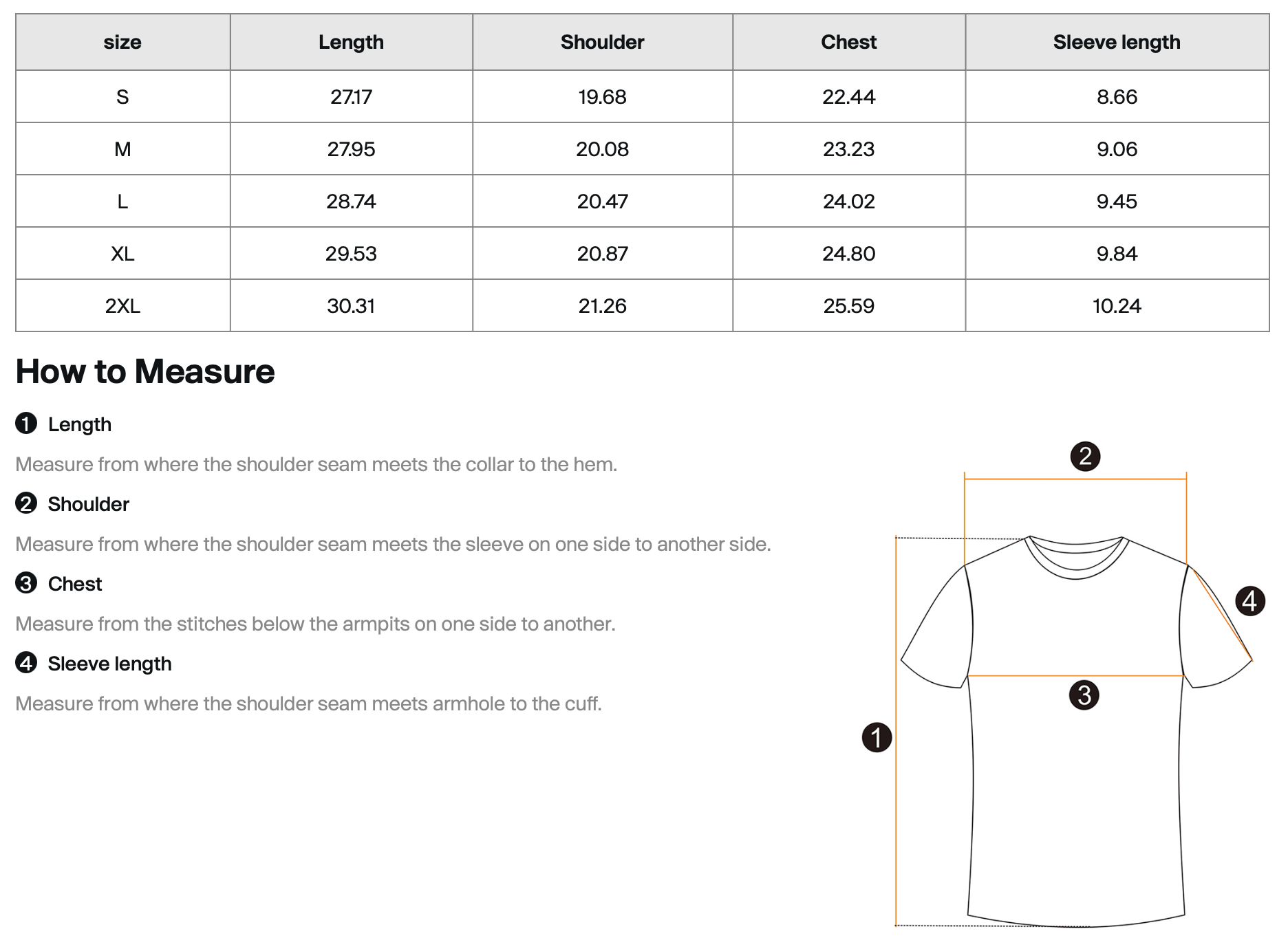 Measurement chart for shirts with size chart and how to measure instructions.