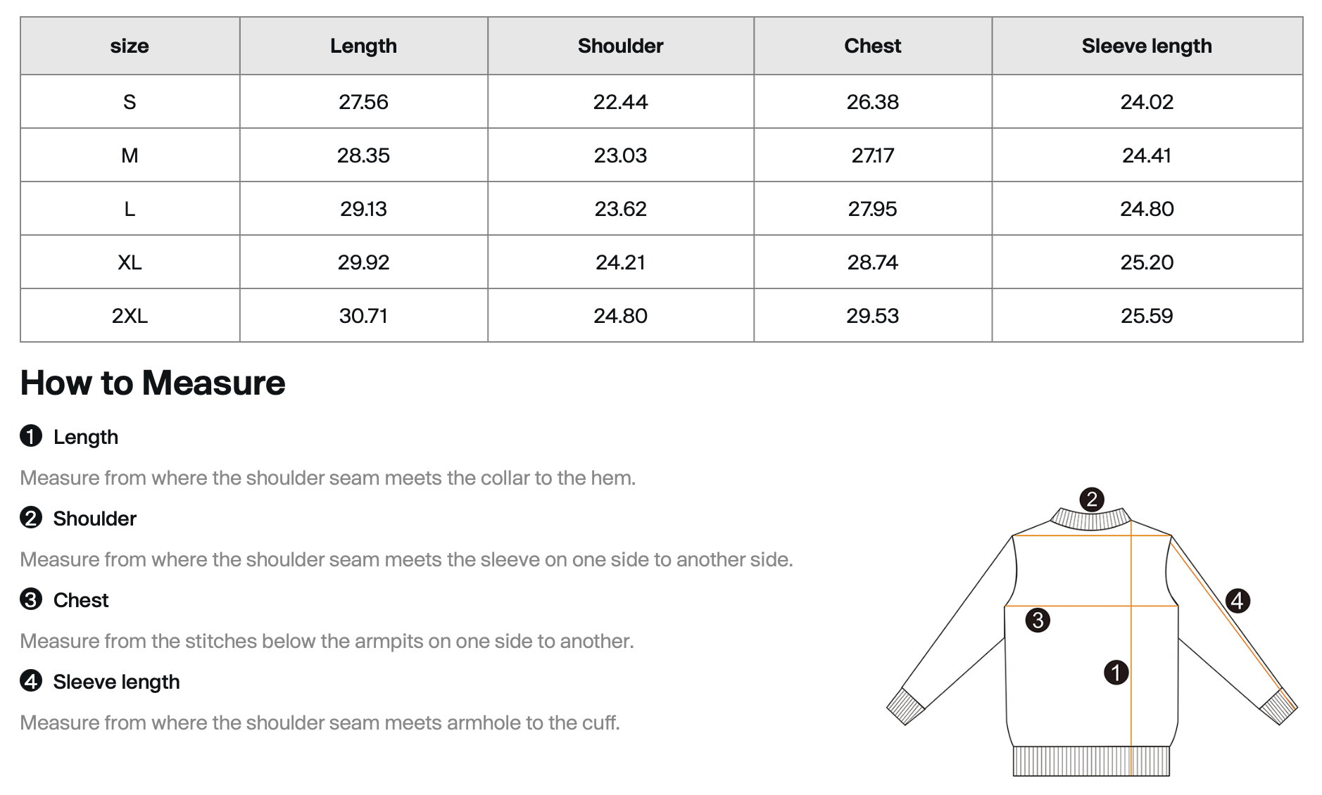 Measurement chart for a sweater with size chart and how-to-measure guide.