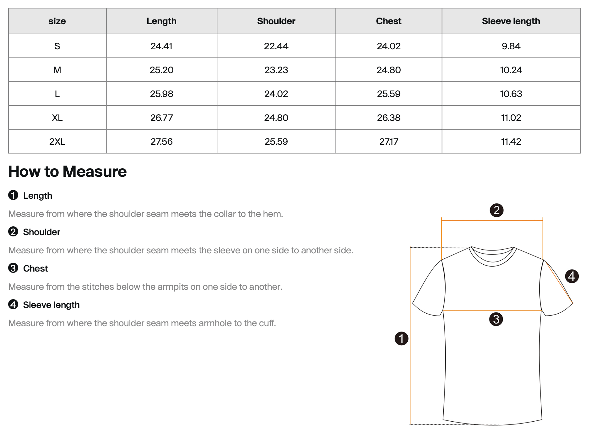 Measurement chart for shirts with size chart and how-to-measure guide.
