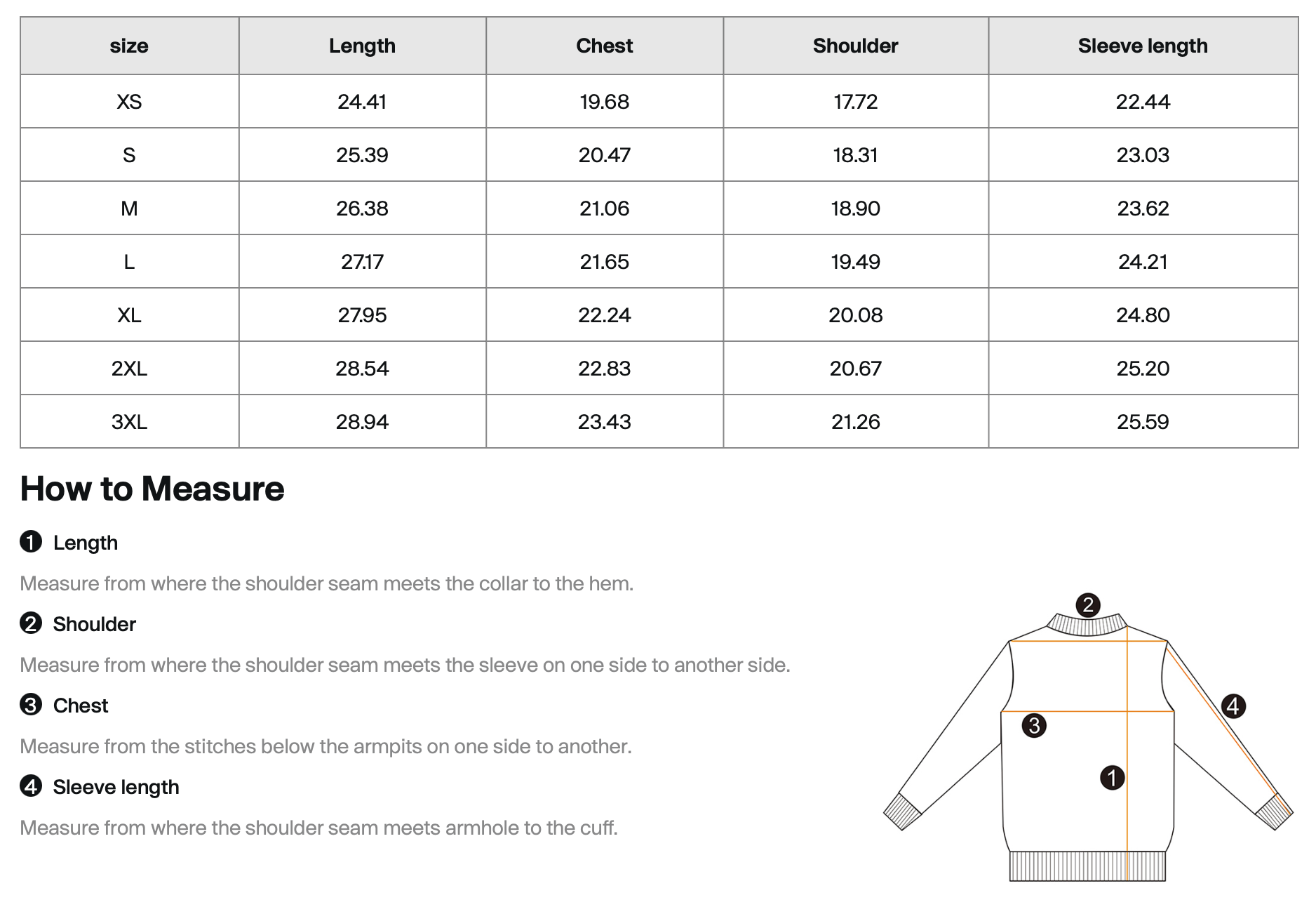 Measurement chart for a sweater with size dimensions and how to measure instructions.